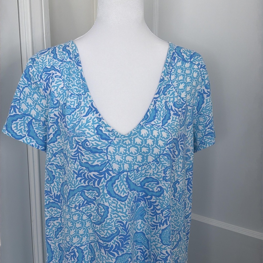 Lilly Pulitzer Dress Etta V-Neck Blue Goombay Grooves Pima Cotton Resort Beach - Picture 8 of 12
